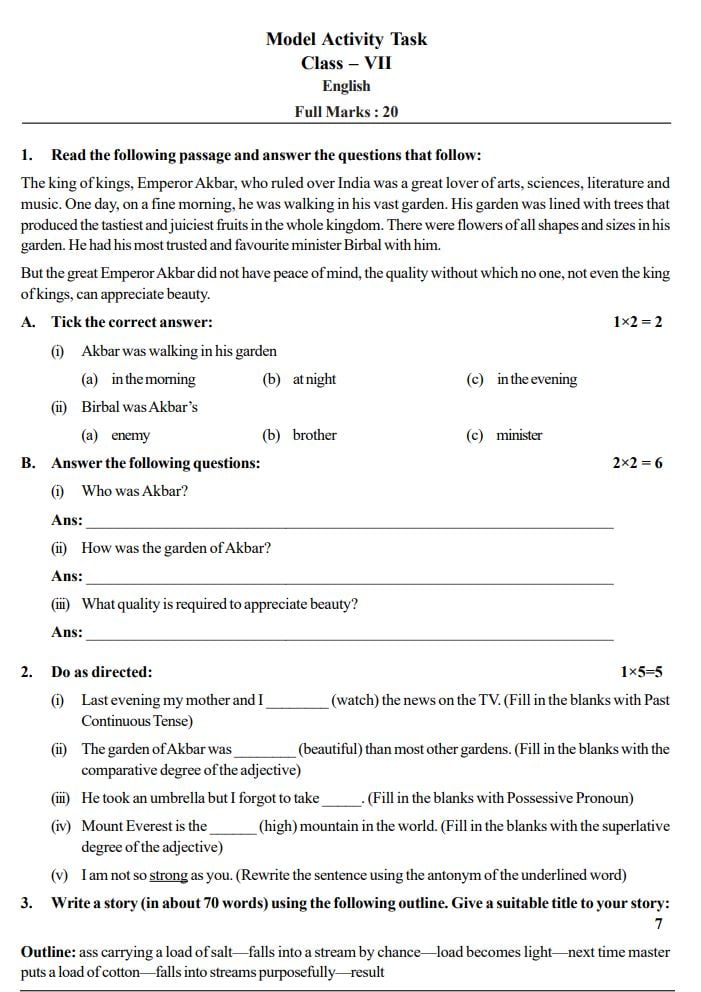 Class 7 English Model Activity Task February 2022 Answer